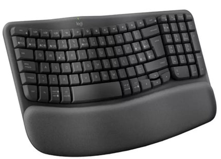 Vista lateral del teclado Logitech Wave Keys mostrando su perfil ergonómico y bajo