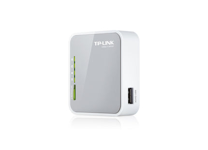 Router TP-Link TL-MR3020 portátil vista frontal con logo y puerto USB
