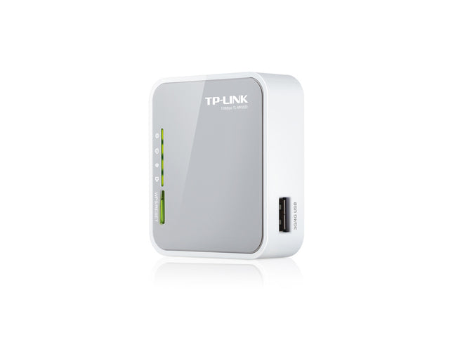 Router TP-Link TL-MR3020 portátil vista frontal con logo y puerto USB