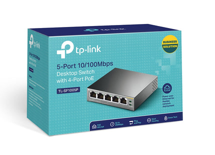 Switch TP-Link TL-SF1005P instalado en rack con cables conectados