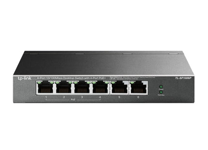 Switch TP-Link TL-SF1006P vista frontal con 6 puertos Ethernet