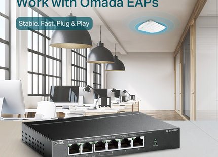 Switch TP-Link TL-SF1006P vista de 3/4 frontal con LED indicadores
