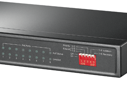 Switch TP-Link TL-SF1009P vista frontal con 9 puertos Ethernet y LED indicadores
