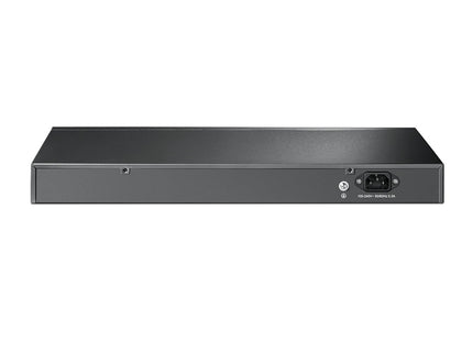 Switch TP-Link TL-SF1048 vista trasera con entrada de alimentación DC y ventilación