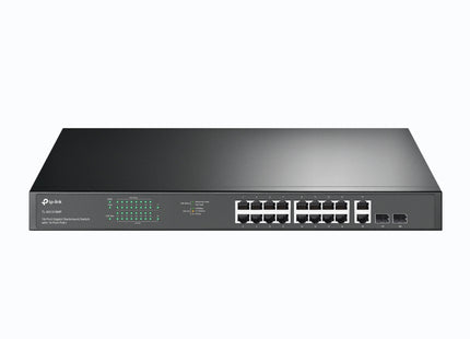 Switch TP-Link TL-SG1218MP vista frontal con 18 puertos Gigabit Ethernet