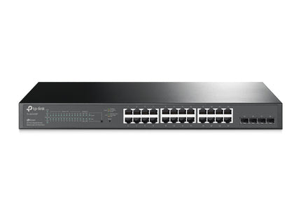 Switch TP-Link TL-SG2428P vista frontal con 24 puertos Gigabit Ethernet y 4 ranuras SFP