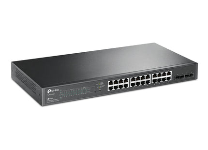 Switch TP-Link TL-SG2428P vista lateral mostrando diseño rack-mount para instalación profesional