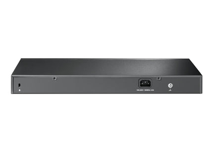 Switch TP-Link TL-SG2428P panel trasero con conectores de alimentación y ventilación