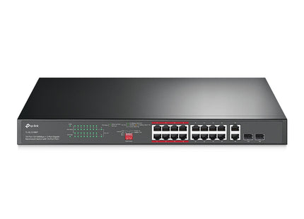 Switch PoE+ TP-Link TL-SL1218MP 16 puertos vista frontal con puertos Ethernet