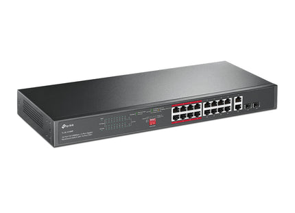 Panel posterior switch TP-Link TL-SL1218MP mostrando conectores de alimentación