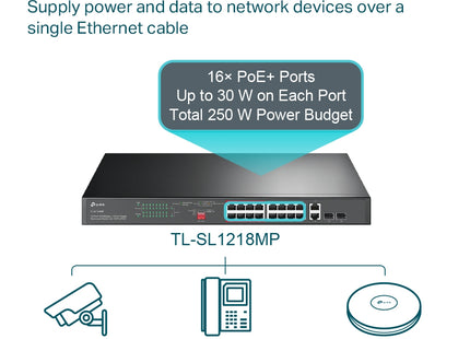 Switch TP-Link TL-SL1218MP instalado en rack con cables conectados