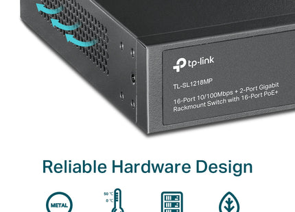 Switch PoE+ TP-Link TL-SL1218MP empaque original con accesorios incluidos