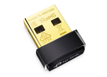 Vista lateral del adaptador nano WiFi TL-WN725N mostrando tamaño compacto