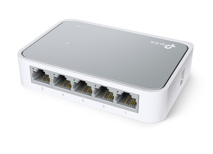 Switch de red TP-Link TL-SF1005D vista lateral mostrando conectores y diseño compacto