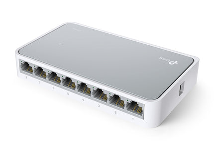 Switch TP-Link TL-SF1008D mostrando puertos RJ-45 y conectividad Fast Ethernet