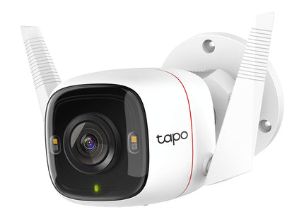 Cámara exterior TP-Link Tapo C320WS blanca vista frontal con lente