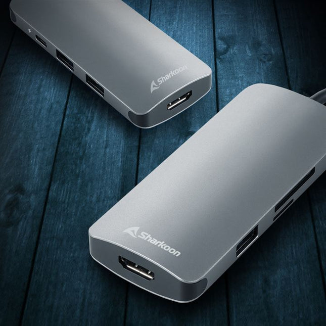 Hub Sharkoon USB 3.0 Type-C Multiport Adapter | Gris | 3x USB-A + HDMI 4K + Micro SD/MMC | USB-C carga hasta 100 W