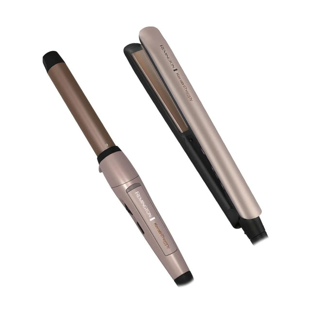 Combo Plancha y Rizador Remington S8599-CI5329-F | Keratin Therapy | Placas y Barril con Keratina y Aceite de Argán | Alisado y Rizado Profesional