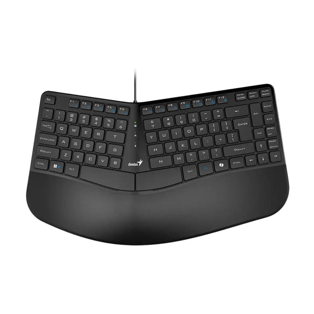 Teclado ergonómico Genius Ergo KB-700 vista frontal completa con diseño ondulado y reposamuñecas