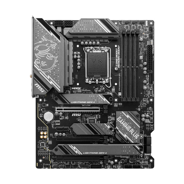 Tarjeta madre MSI Z790 Gaming Plus WiFi vista frontal completa con socket LGA 1700