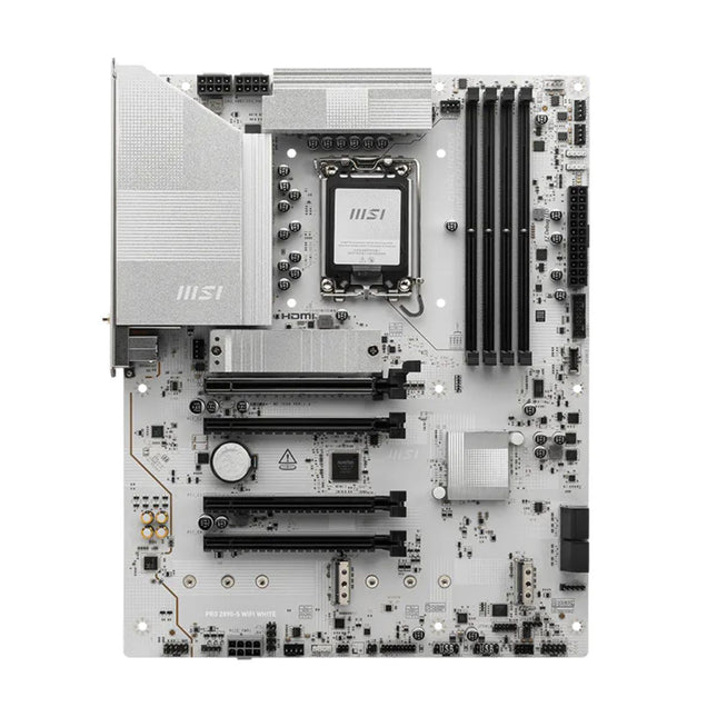 Tarjeta madre MSI PRO Z890-S WIFI WHITE vista frontal completa con socket LGA 1851 y slots DDR5