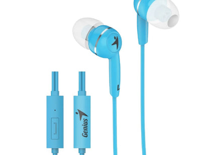 Audífonos Genius HS-M320 azul con cable y control en línea sobre fondo blanco