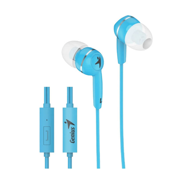 Audífonos Genius HS-M320 azul con cable y control en línea sobre fondo blanco