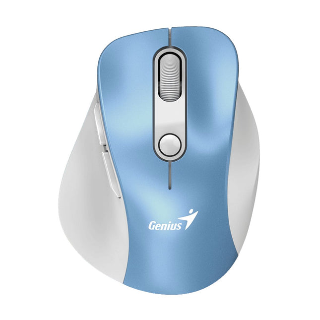 Mouse inalámbrico Genius Ergo 9000S Pro color celeste vista frontal con diseño ergonómico