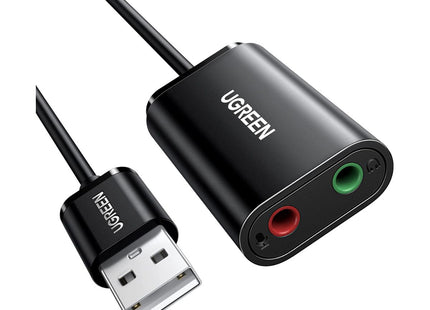 Adaptador de audio USB UGREEN US205 negro vista frontal con conectores