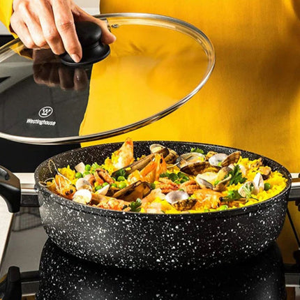 Cacerola Baja con Tapa Westinghouse WCCC0009L28MBB | 28 cm | Revestimiento de Mármol | Antiadherente | Color Negro