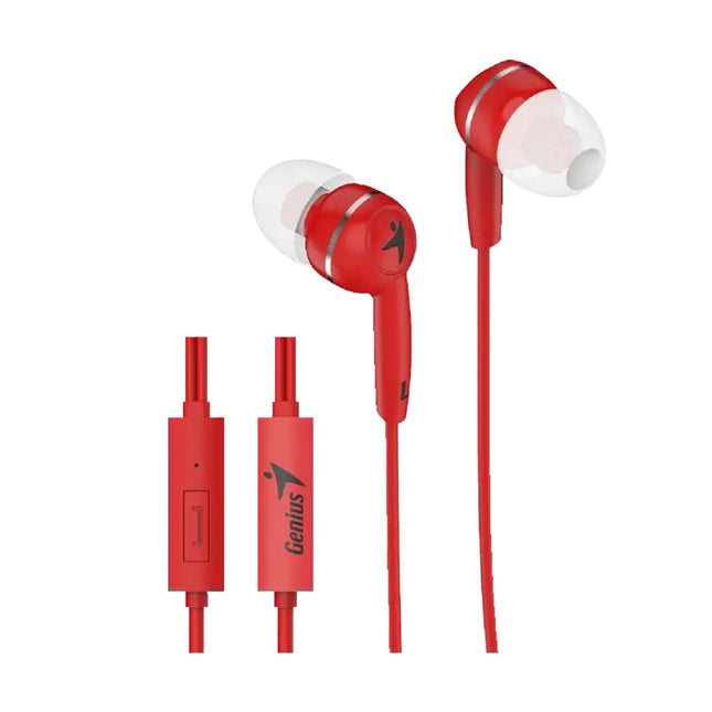 Audífonos Genius HS-M320 color rojo con cable y control en línea sobre fondo blanco