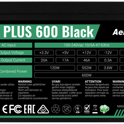 Fuente de Poder Aerocool VX Plus 600W | 80 Plus White | No Modular