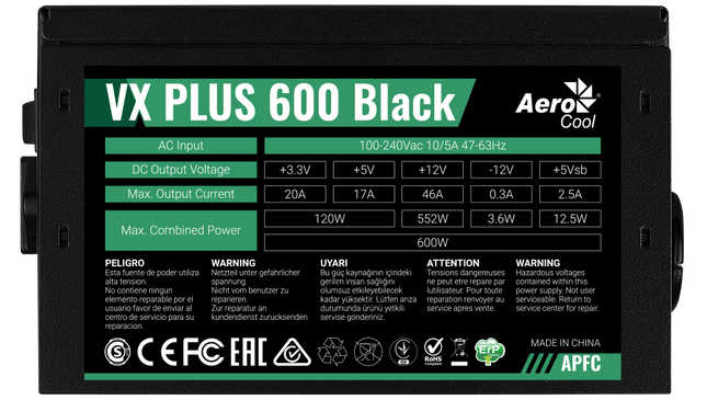 Fuente de Poder Aerocool VX Plus 600W | 80 Plus White | No Modular