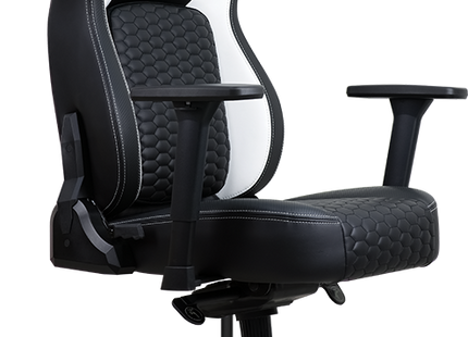 Vista lateral silla gamer mostrando sistema VironErgo 180° y reposabrazos 3D ajustables
