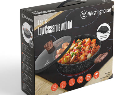 Cacerola Baja Westinghouse 32 cm | Aluminio Forjado | Antiadherente Mármol | Tapa de Vidrio | Mango Ergonómico | WCCC0085L32MBB
