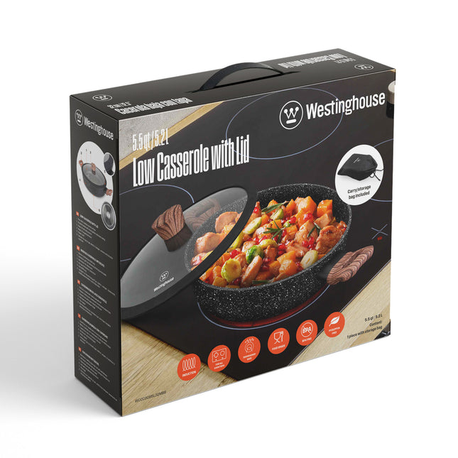 Cacerola Baja Westinghouse 32 cm | Aluminio Forjado | Antiadherente Mármol | Tapa de Vidrio | Mango Ergonómico | WCCC0085L32MBB