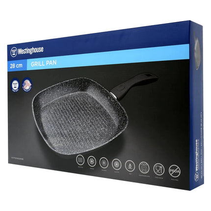 Sartén Tipo Grill Westinghouse 28 cm | Mármol Antiadherente | Aluminio Forjado | Mango Ergonómico | Negro | WCFP0009G28MBB