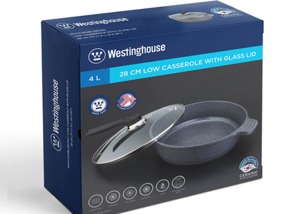 Cacerola Baja Westinghouse WCCC2008L28CMG | 4L | Cerámica 5th Generación | Tapa de Vidrio