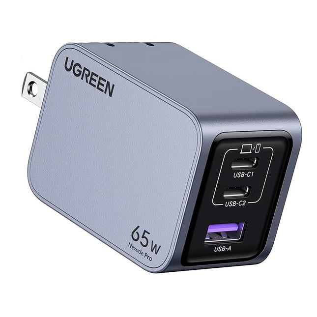 Cargador UGREEN X755 Nexode Pro 65W color azul vista frontal con puertos USB-C y USB-A