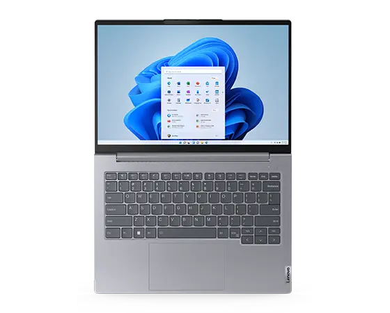 Lenovo ThinkBook 14 Gen 6, vista frontal con tapa abierta 180 grados y menú de Windows