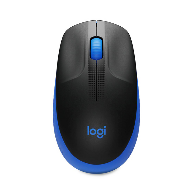 Mouse Logitech M190 inalámbrico azul vista frontal con receptor USB