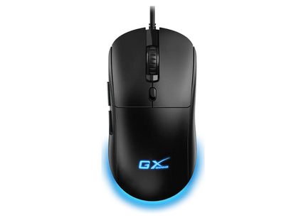 Mouse Gaming RGB Genius Scorpion M500 vista frontal con iluminación RGB activada