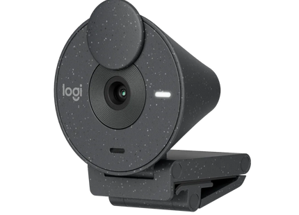 Cámara Logitech Brio 300 en ángulo superior mostrando lente y micrófono