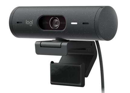 Cámara Logitech BRIO 500 vista lateral mostrando conexión USB-C