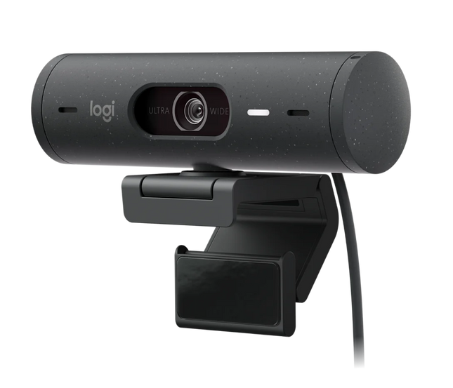 Cámara Logitech BRIO 500 vista lateral mostrando conexión USB-C