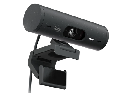 Cámara web Logitech BRIO 500 montada en monitor con cable USB-C conectado