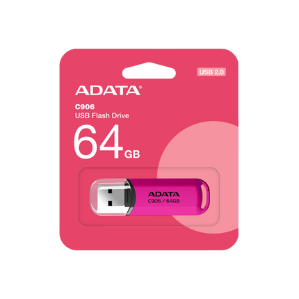 Memoria USB ADATA C906 | 64GB | USB 2.0 | Rosa | Diseño compacto con tapa