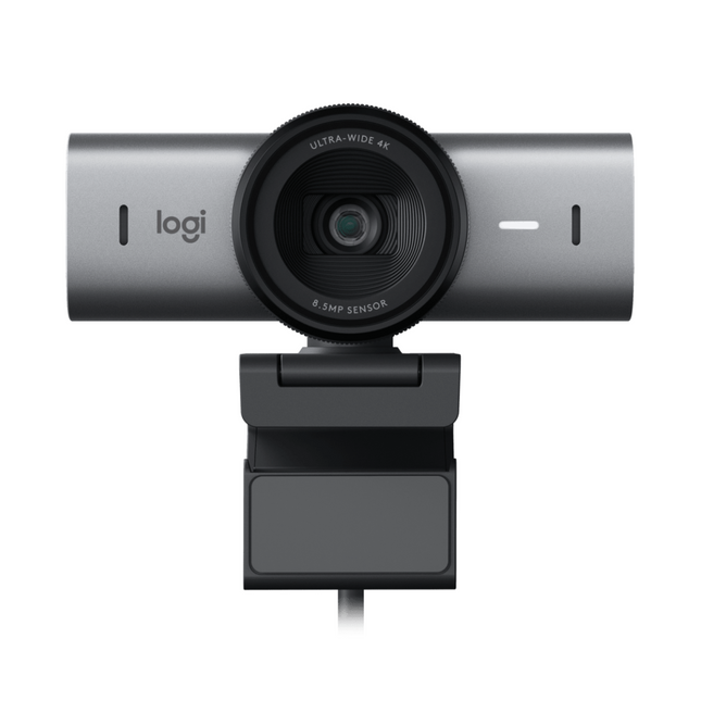 Cámara web Logitech MX Brio 4K frontal con diseño grafito premium