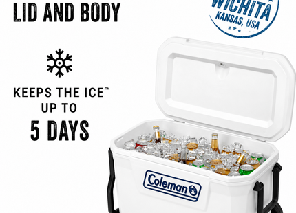 Coleman 3000006482 Hielera con Ruedas 62 qt 58,7 L para 101 Latas Blanca