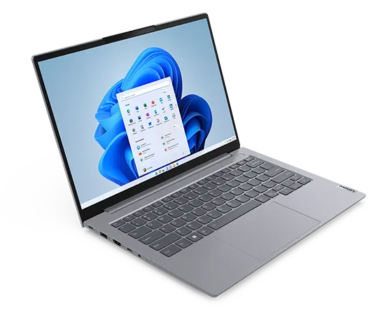 Lenovo ThinkBook 14 Gen 6, vista frontal izquierda con tapa abierta y menú de Windows